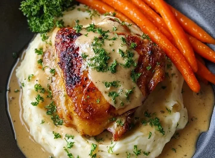 Delicious creamy peppercorn chicken with mashed potatoes and glazed carrots.