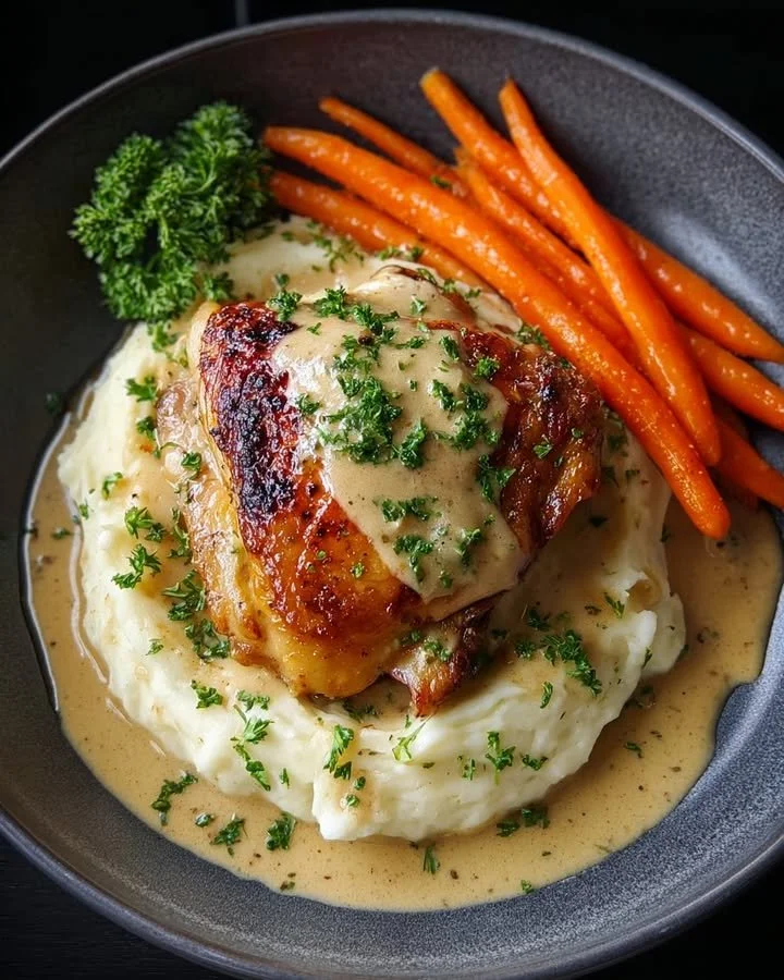 Delicious creamy peppercorn chicken with mashed potatoes and glazed carrots.