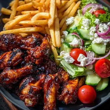 Crispy BBQ chicken wings with fries and Greek salad on a plate