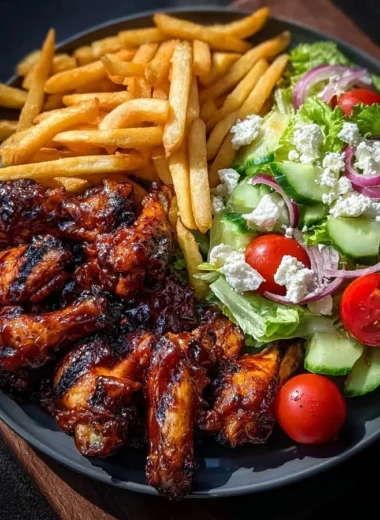 Crispy BBQ chicken wings with fries and Greek salad on a plate