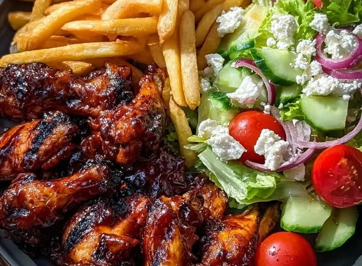 Crispy BBQ chicken wings with fries and Greek salad on a plate