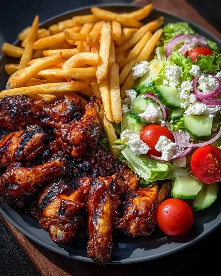 Crispy BBQ Chicken Wings With Fries And Greek Salad
