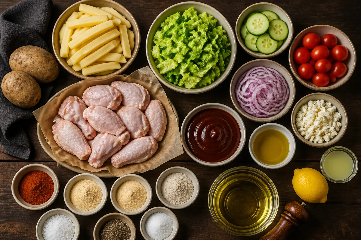 Crispy BBQ Chicken Wings With Fries And Greek Salad