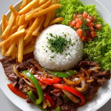 Crispy beef stir-fry plate with rice, fries, and salad ready to enjoy