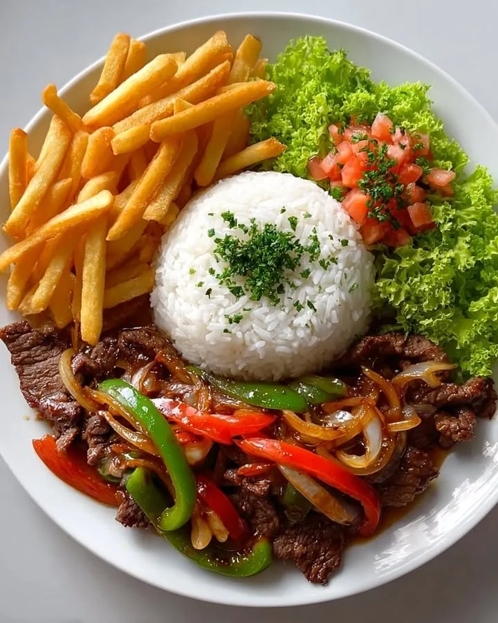 Crispy Beef Stir-Fry Plate With Rice, Fries & Salad