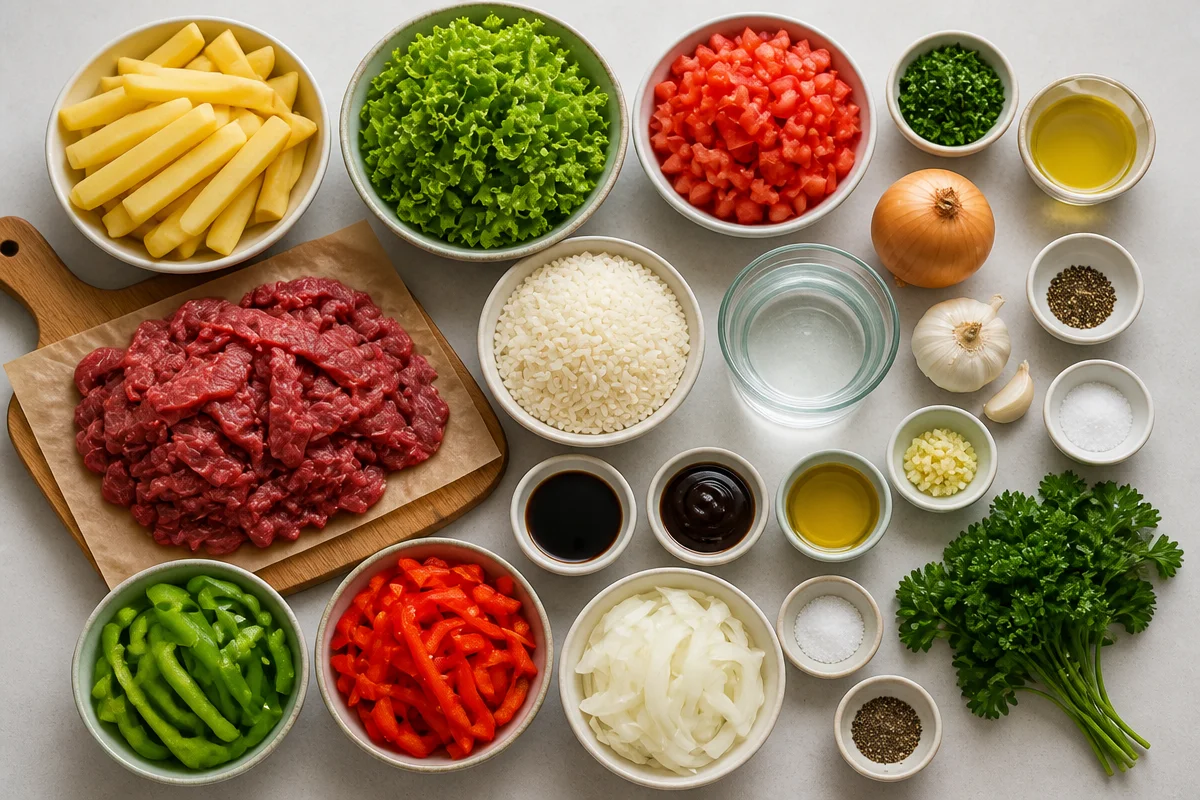 Crispy Beef Stir-Fry Plate With Rice, Fries & Salad