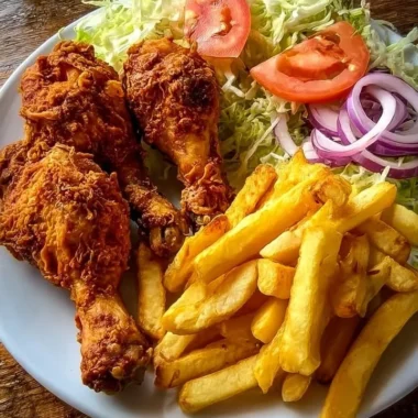 Crispy chicken drumsticks served with fries and salad on a plate