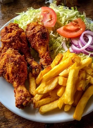 Crispy chicken drumsticks served with fries and salad on a plate