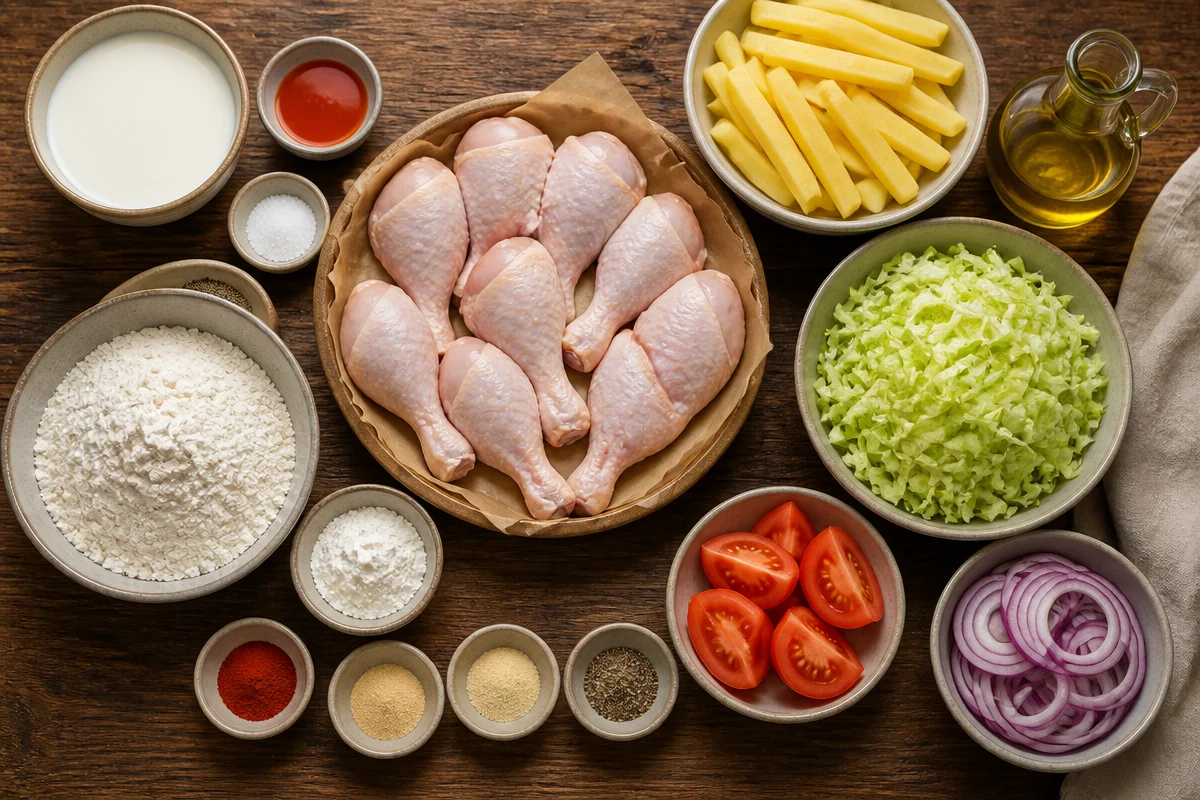Crispy Chicken Drumsticks With Fries And Salad