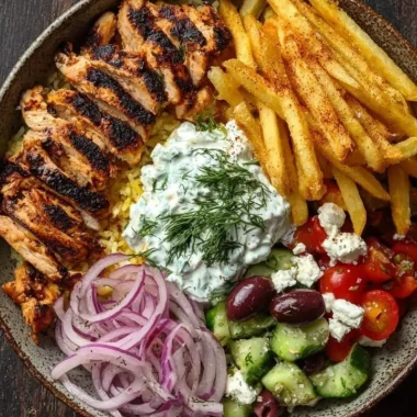 Delicious Crispy Chicken Gyro Bowl with Fries served in a vibrant dish
