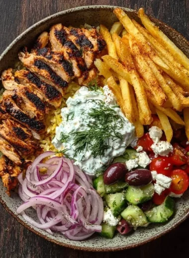 Delicious Crispy Chicken Gyro Bowl with Fries served in a vibrant dish