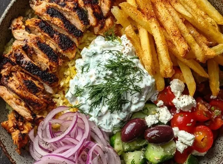 Delicious Crispy Chicken Gyro Bowl with Fries served in a vibrant dish