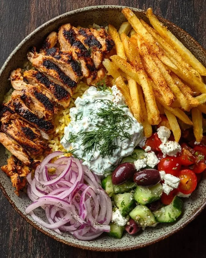 Delicious Crispy Chicken Gyro Bowl with Fries served in a vibrant dish