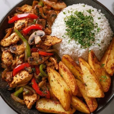 Crispy chicken stir-fry bowl with rice and potato wedges