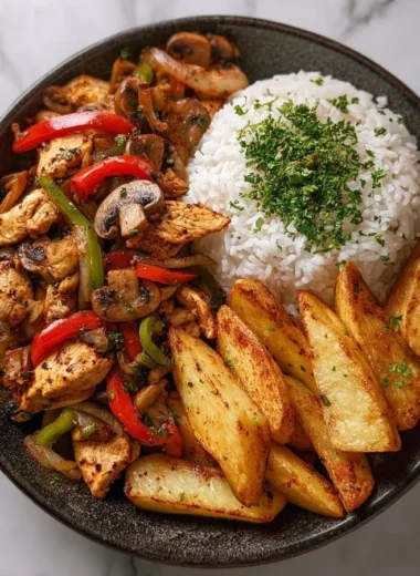 Crispy chicken stir-fry bowl with rice and potato wedges