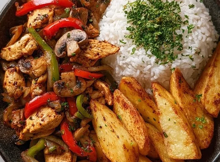 Crispy chicken stir-fry bowl with rice and potato wedges