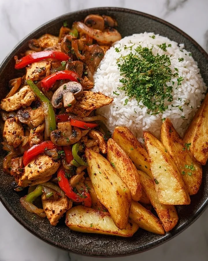 Crispy chicken stir-fry bowl with rice and potato wedges