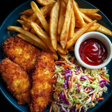 Plate of crispy chicken tenders with coleslaw and fries