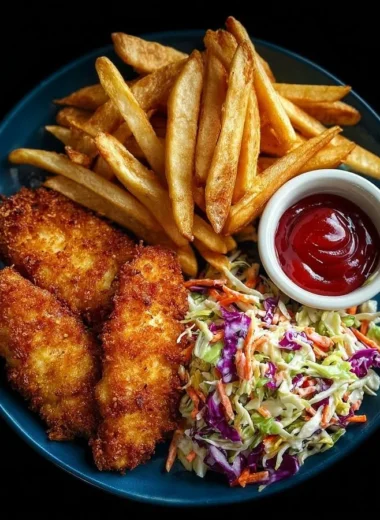 Plate of crispy chicken tenders with coleslaw and fries