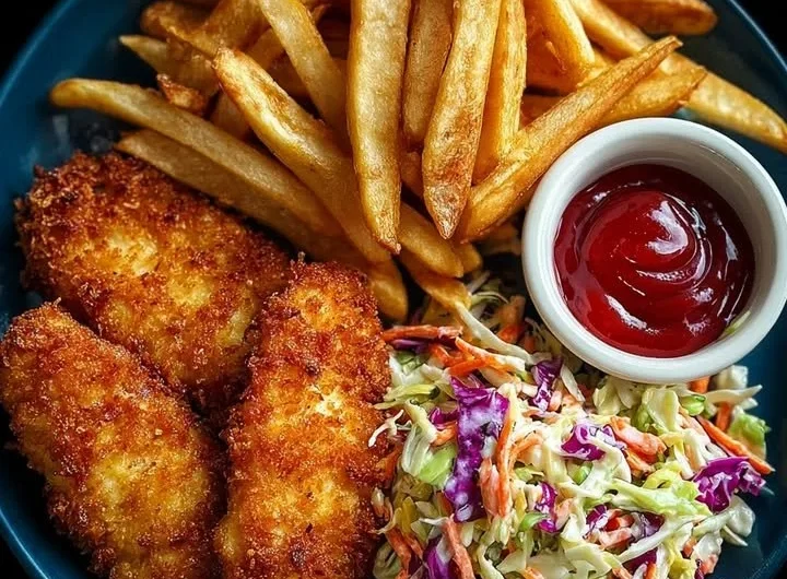Plate of crispy chicken tenders with coleslaw and fries