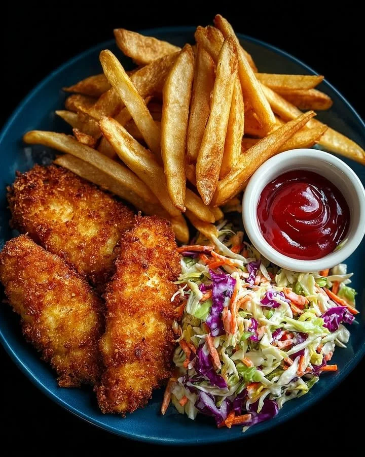 Plate of crispy chicken tenders with coleslaw and fries
