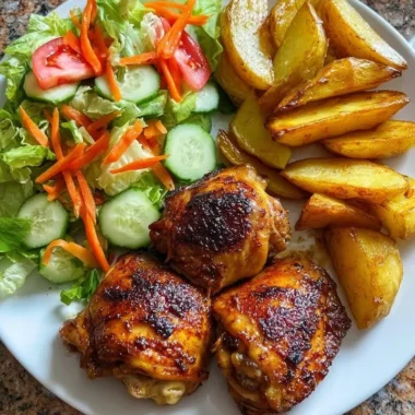 Crispy chicken thighs served with golden potato wedges on a plate