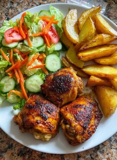 Crispy chicken thighs served with golden potato wedges on a plate