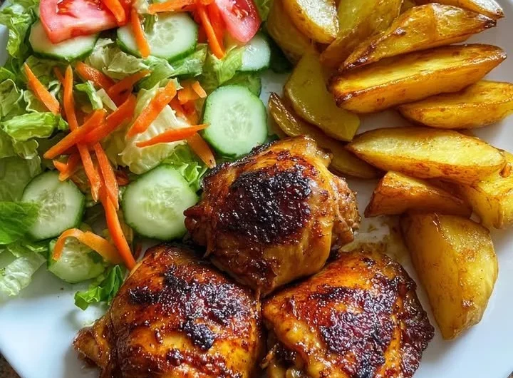 Crispy chicken thighs served with golden potato wedges on a plate