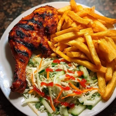 Crispy fries served with flame-grilled chicken leg and fresh salad