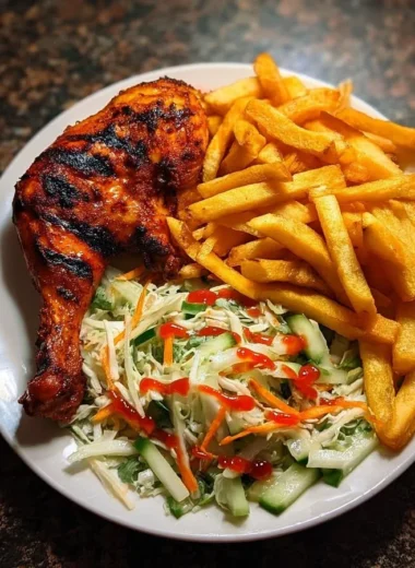 Crispy fries served with flame-grilled chicken leg and fresh salad