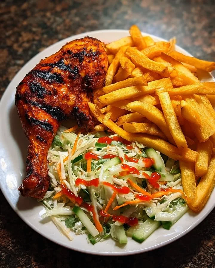 Crispy fries served with flame-grilled chicken leg and fresh salad