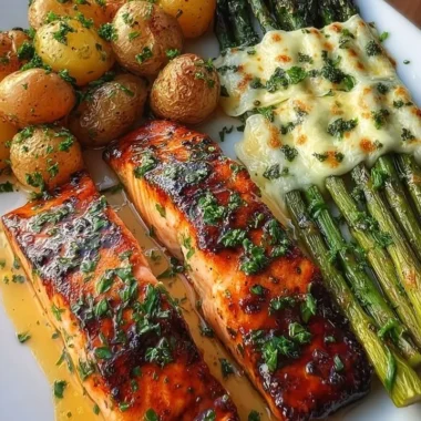 Crispy garlic butter salmon served with asparagus and roasted potatoes