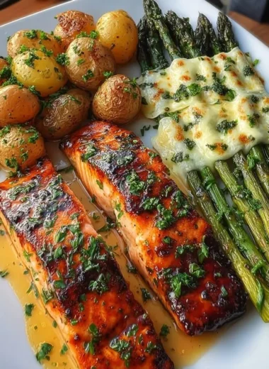 Crispy garlic butter salmon served with asparagus and roasted potatoes