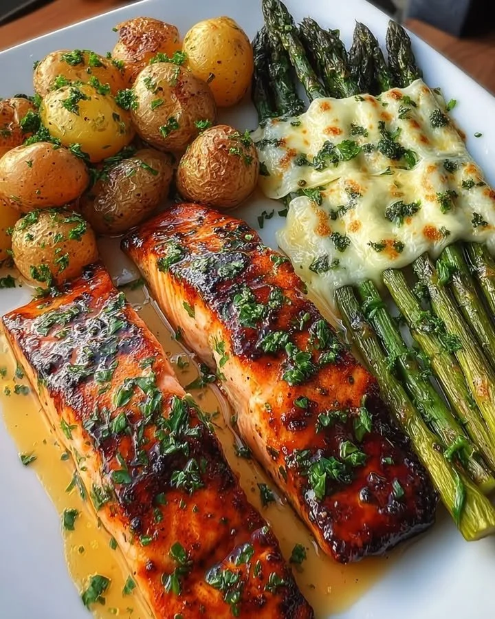 Crispy Garlic Butter Salmon With Asparagus And Potatoes