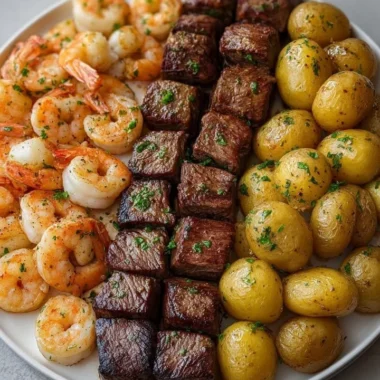 Crispy garlic butter steak bites served with shrimp and roasted potatoes