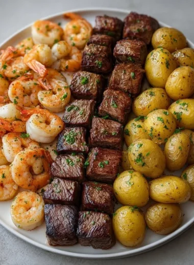 Crispy garlic butter steak bites served with shrimp and roasted potatoes