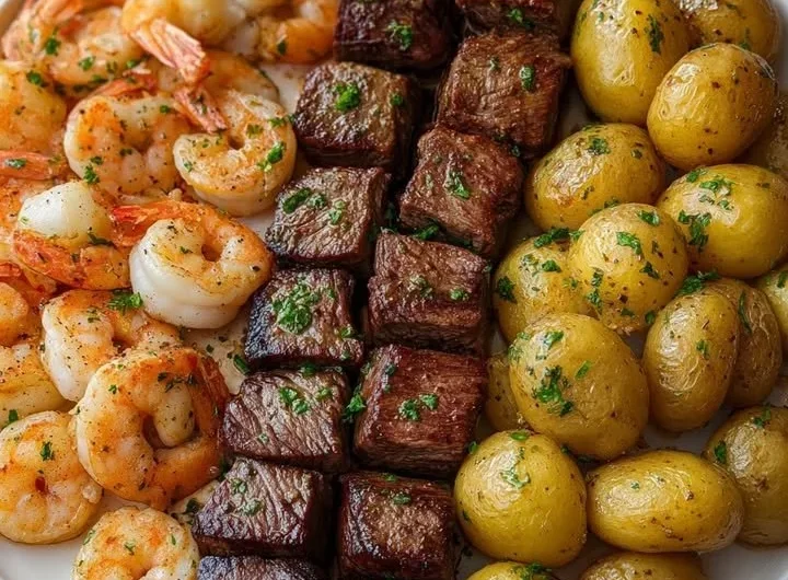Crispy garlic butter steak bites served with shrimp and roasted potatoes