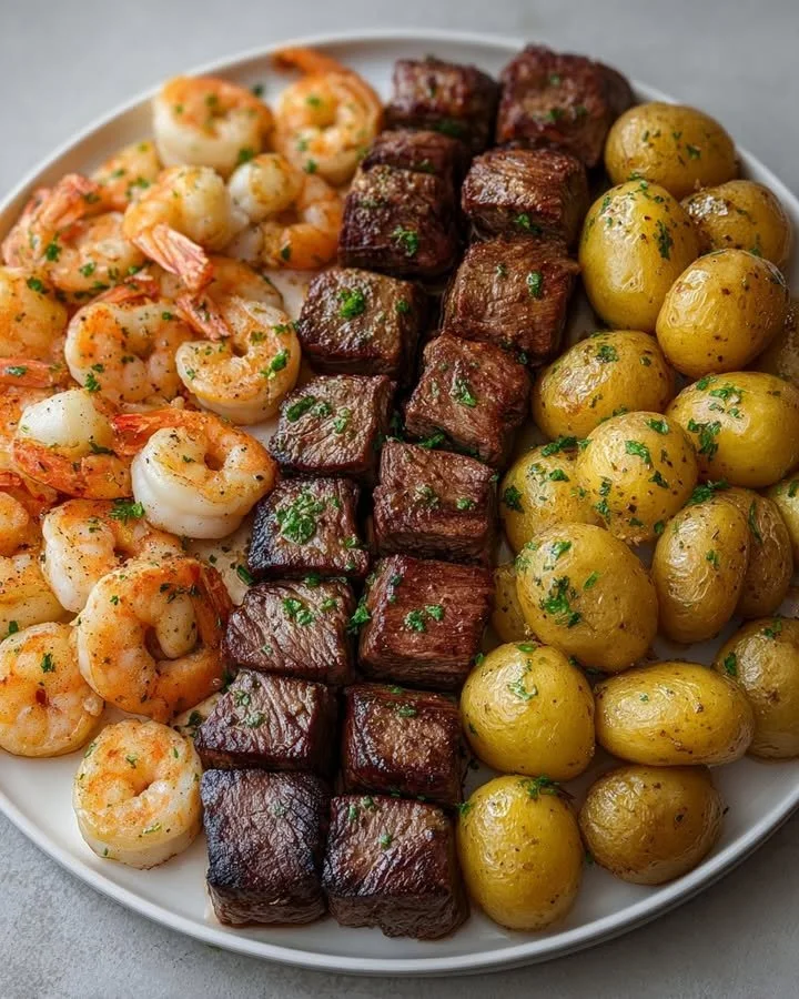 Crispy Garlic Butter Steak Bites With Shrimp And Potatoes