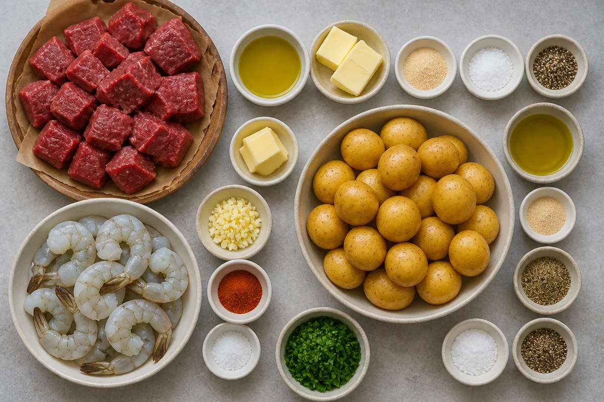 Crispy Garlic Butter Steak Bites With Shrimp And Potatoes