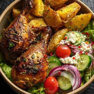 Crispy Greek-Style Chicken Leg Quarters served with golden roasted potatoes