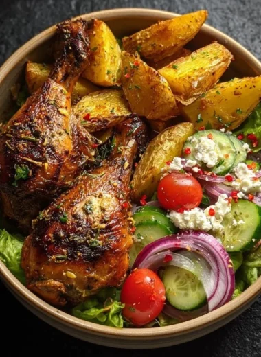 Crispy Greek-Style Chicken Leg Quarters served with golden roasted potatoes