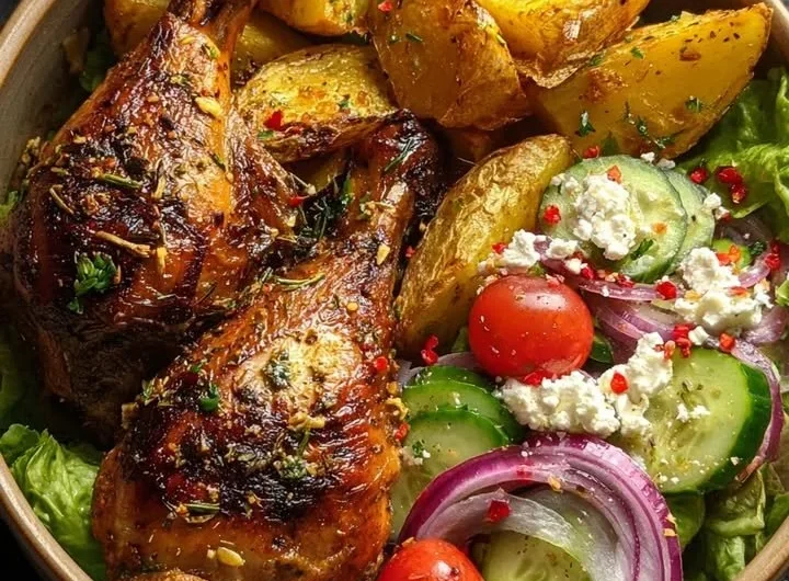 Crispy Greek-Style Chicken Leg Quarters served with golden roasted potatoes