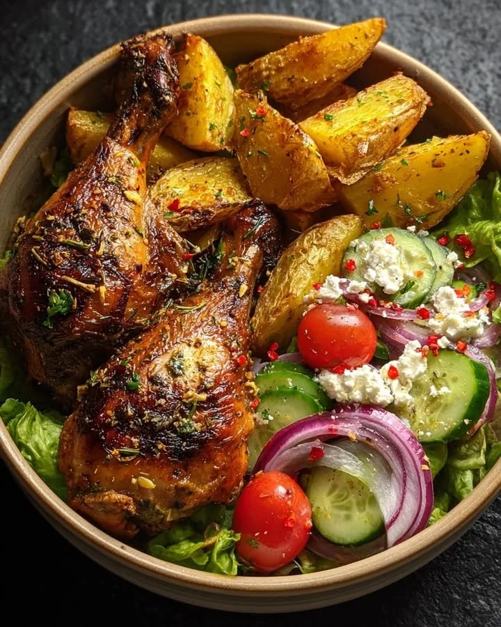 Crispy Greek-Style Chicken Leg Quarters served with golden roasted potatoes