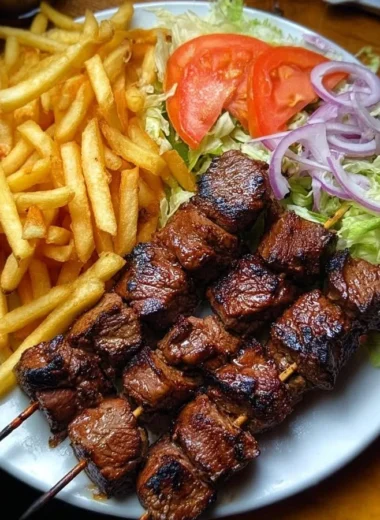Crispy grilled beef skewers with fries and garden salad on a serving plate
