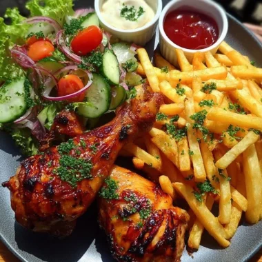 Crispy grilled chicken drumsticks with fries and salad on a plate