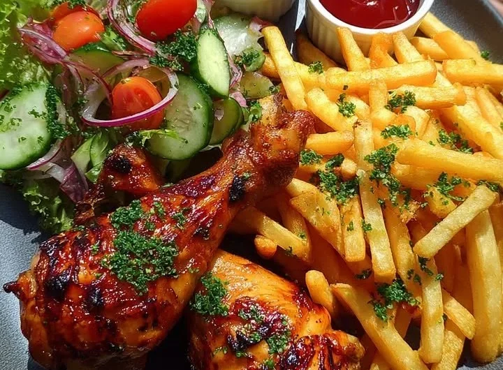 Crispy grilled chicken drumsticks with fries and salad on a plate