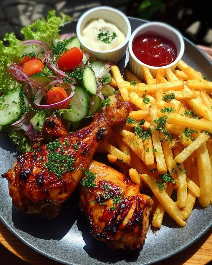 Crispy Grilled Chicken Drumsticks With Fries And Salad