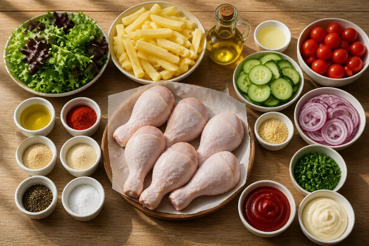 Crispy Grilled Chicken Drumsticks With Fries And Salad