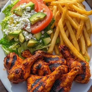 Crispy grilled chicken drumsticks served with fries and avocado salad