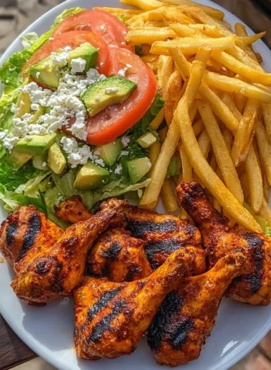 Crispy grilled chicken drumsticks served with fries and avocado salad